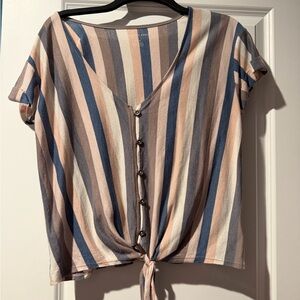 Striped Button-Front Tie Hem Top - Multi-Color